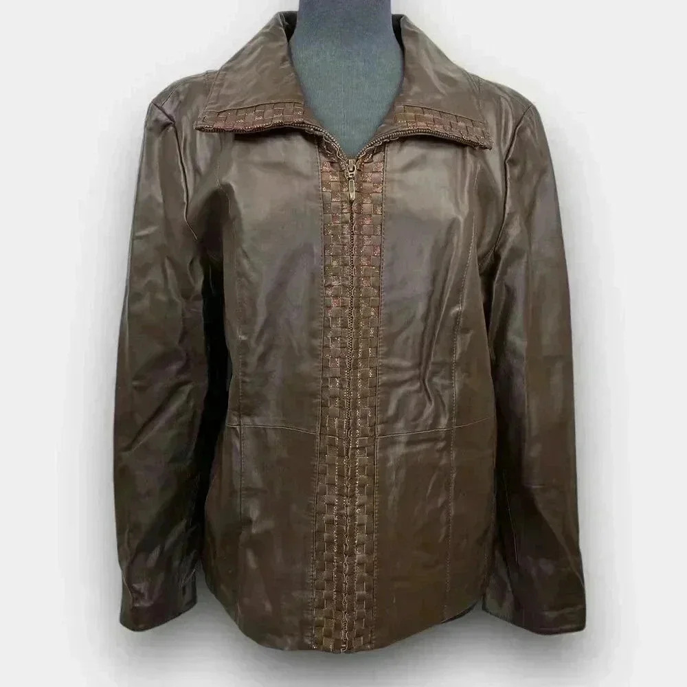 GUILLAUME L Zip Front Fold Collar Chocolate Brown Solid Casual Leather Jacket